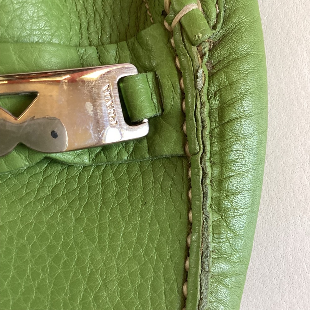 Prada Leather Pistachio Green Silver Plate Logo Mules SZ 6 - Picture 2 of 11